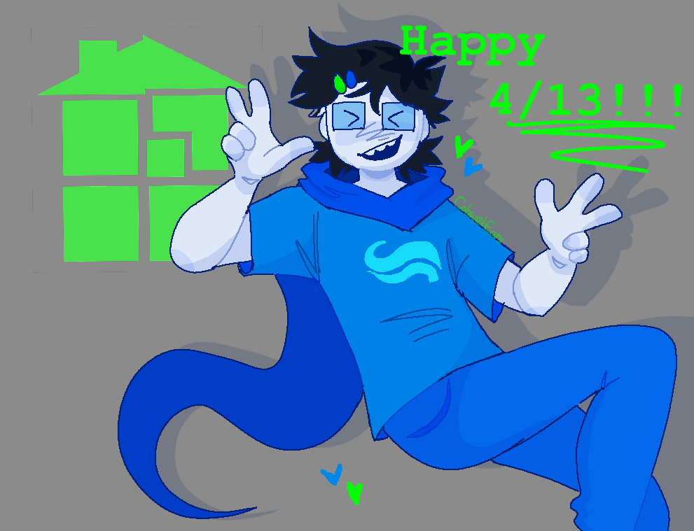 A simple drawing of J Egbert from Homestuck. They are looking happily at the camera while floating. The text behind them reads 'Happy 4/13.'