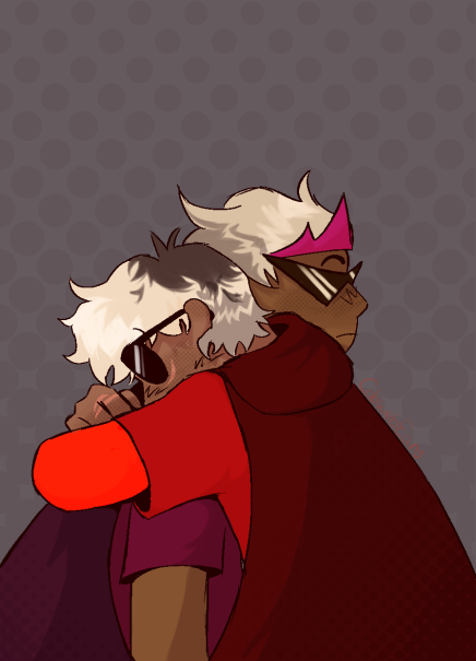 A drawing of Homestuck characters Dave Strider and Dirk Strider. Dirk is looking suprised as Dave hugs him tightly.