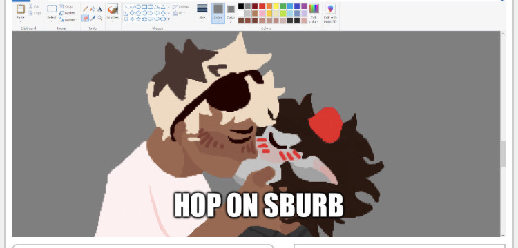 A Microsoft Paint drawing of Homestuck characters Dave Strider and Karkat Vantas kissing. Text at the bottom says 'Hop on Sburb' in impact font.