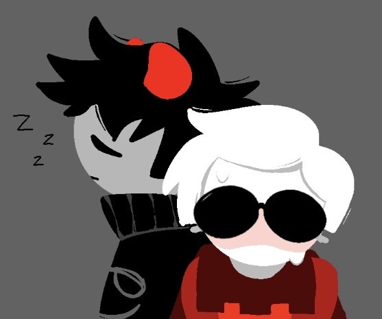 A drawing of Homestuck characters Dave Strider and Karkat Vantas. Karkat asleep, leaning on a flustered Dave.