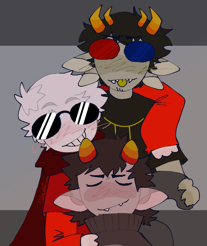 A drawing of Homestuck characters Dave Strider, Karkat Vantas, and Sollux Captor. Dave is floating behind the two trolls with his arms wrapped around both their shoulders. Karkat is at the bottom with his eyes closed and a playfully annoyed expresion. Sollux is above him, also playfully annoyed, with a controler in his hands.