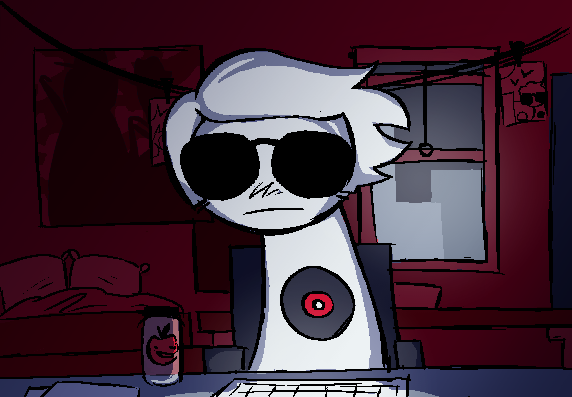 A drawing of Homestuck character Dave Strider. He sits alone in his room facing the camera with the only light coming from his computer.