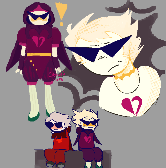 A drawing of Dirk Strider from Homestuck. In the left corner, Dirk Strider stands awkwardly in his god tier outfit. Next to that is a close-up of him looking nervous. The third drawing is a small doodle of him and Dave Strider sitting a ledge looking away from each other..