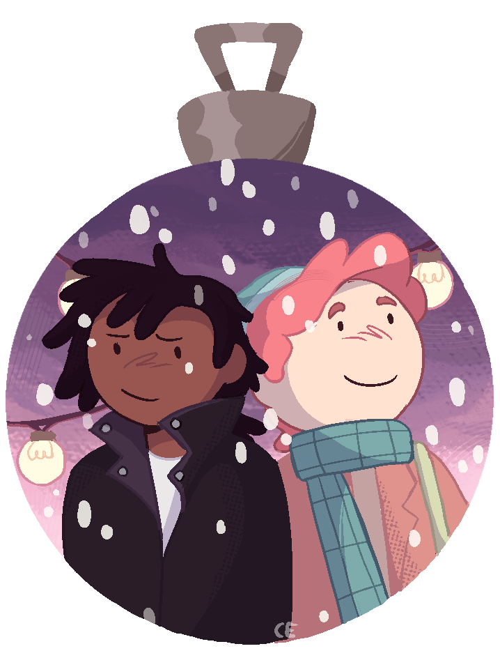 A drawing of Fionna and Cake characters Marshal Lee and Gary Prince, where the canvas is shaped like a christmas ordiment. They stand next to each other on a snowy background.