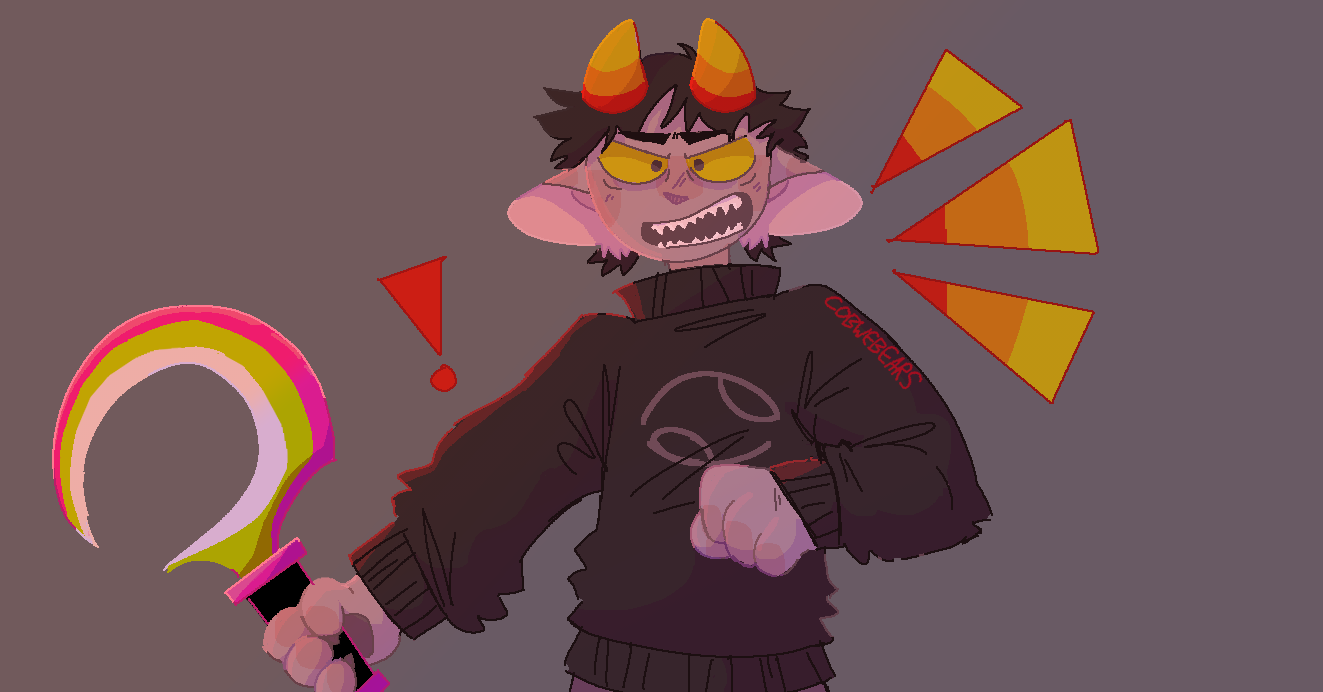 A drawing of Karkat Vantas from Homestuck. He looks at the camera with an angry expresion while holding a sicle.