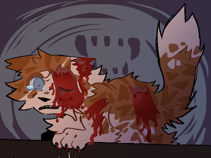 A drawing of Warrior Cats character Brightpaw for the first day of Goretober (Teeth). She is perched on a branch and covered in dog bites.