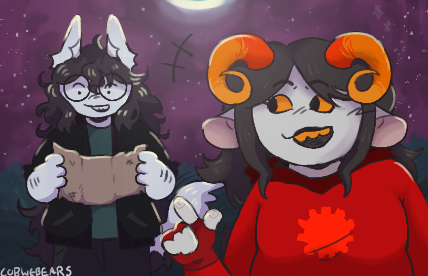 A drawing of Homestuck characters Jade Harley and Aradia Megido. Aradia stands in the front while Jade reads a map in the background.