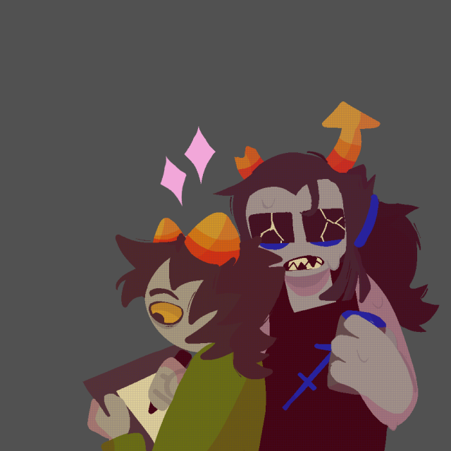 A drawing of Homestuck characters Equius Zahhak and Nepeta Lejion. Nepeta is leaning on Equius while she draws. Equius is holding a water bottle.