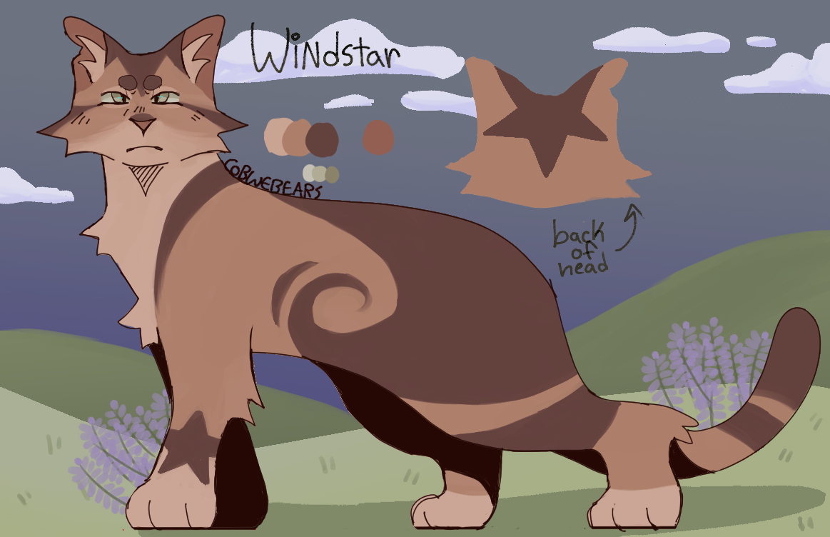 A drawing of Windstar from warrior cats. She stands still, looking at the camera. The text reads, top to bottom, 'Windstar' and 'back of head'.